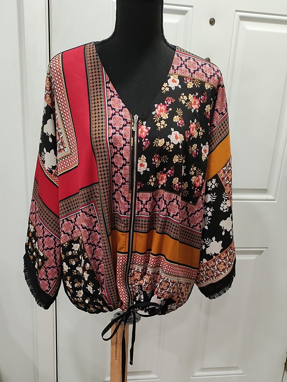Chico's Patchwork Floral Zip Front Tunic - Black/Pink/Mustard